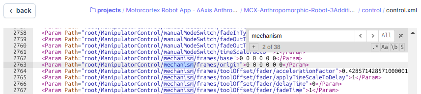 control.xml open in motorcortex.io with a search for mechanism, showing the root/ManipulatorControl/mechanism/frames lines