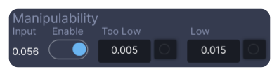 Manipulability panel of the robot GUI: Input 0.056, an Enable switch, Too Low 0.005 and Low 0.015, each with an indicator light