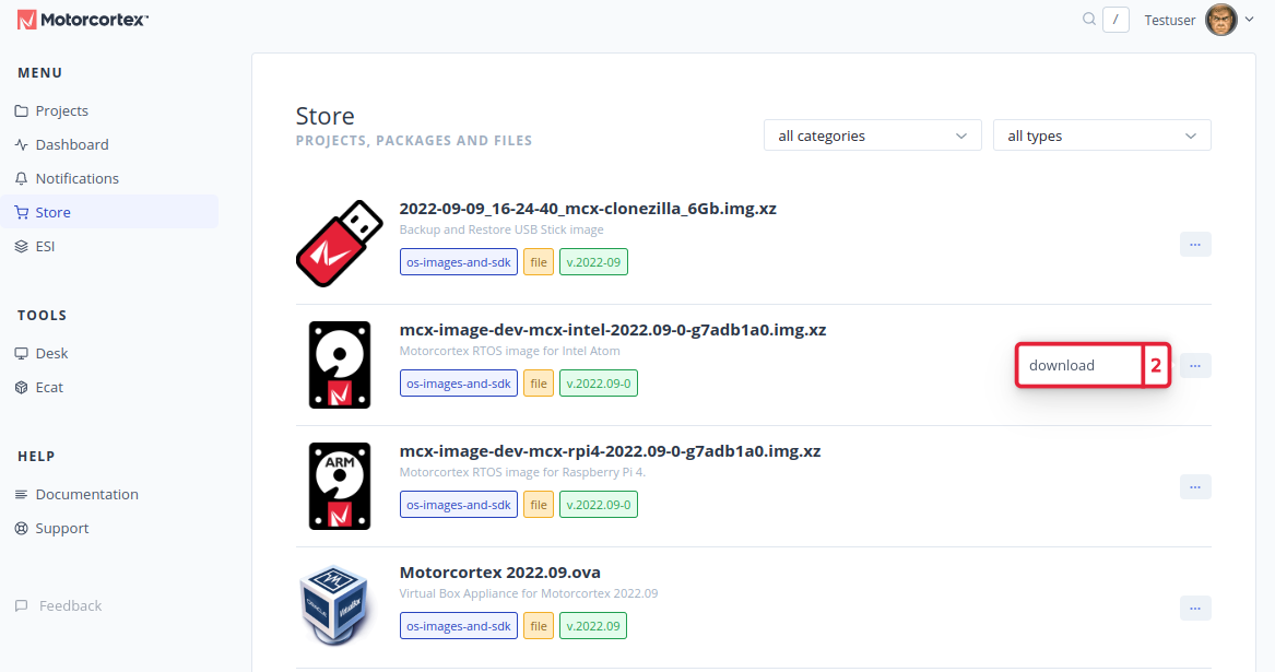 Store listing with the imager stick image, the Intel image, the Raspberry Pi image and the VirtualBox appliance, and the download action of the Intel image highlighted