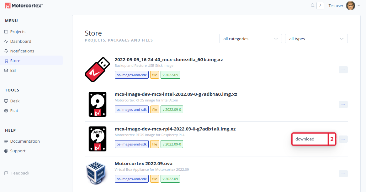 Store listing with the download action of the Raspberry Pi 4 image highlighted