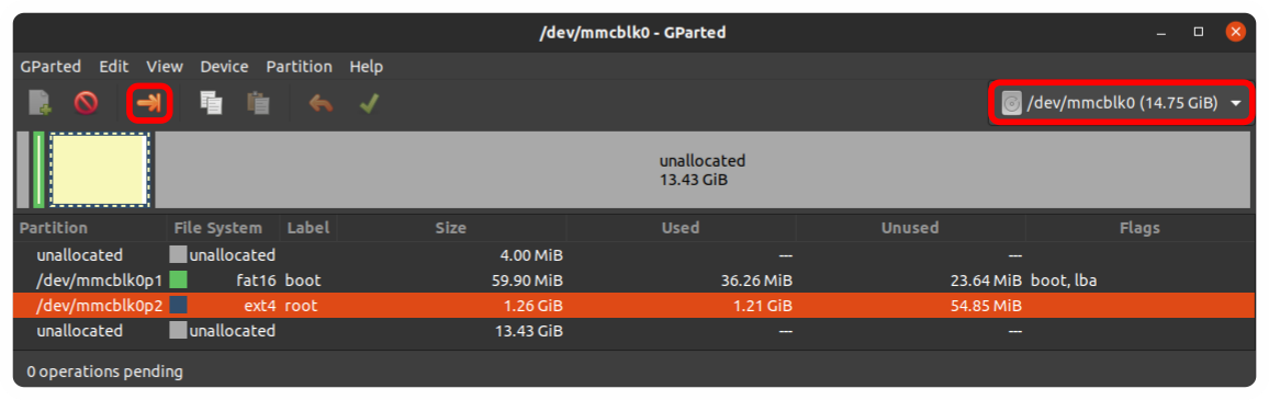 GParted with the SD card /dev/mmcblk0 selected, its second partition highlighted, unallocated space behind it and the resize button marked