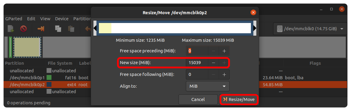 Resize/Move dialog of GParted with New size set to the maximum size of 15039 MiB