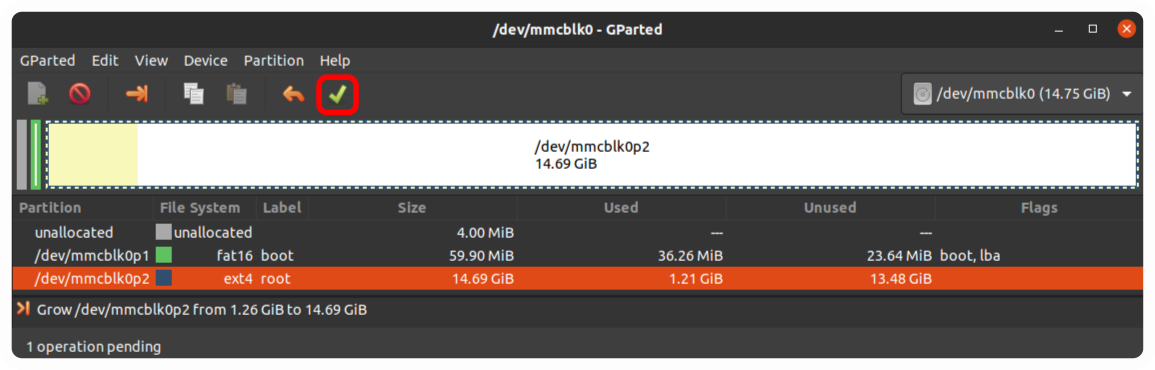 GParted with one pending operation, growing the second partition from 1.26 GiB to 14.69 GiB, and the apply button marked
