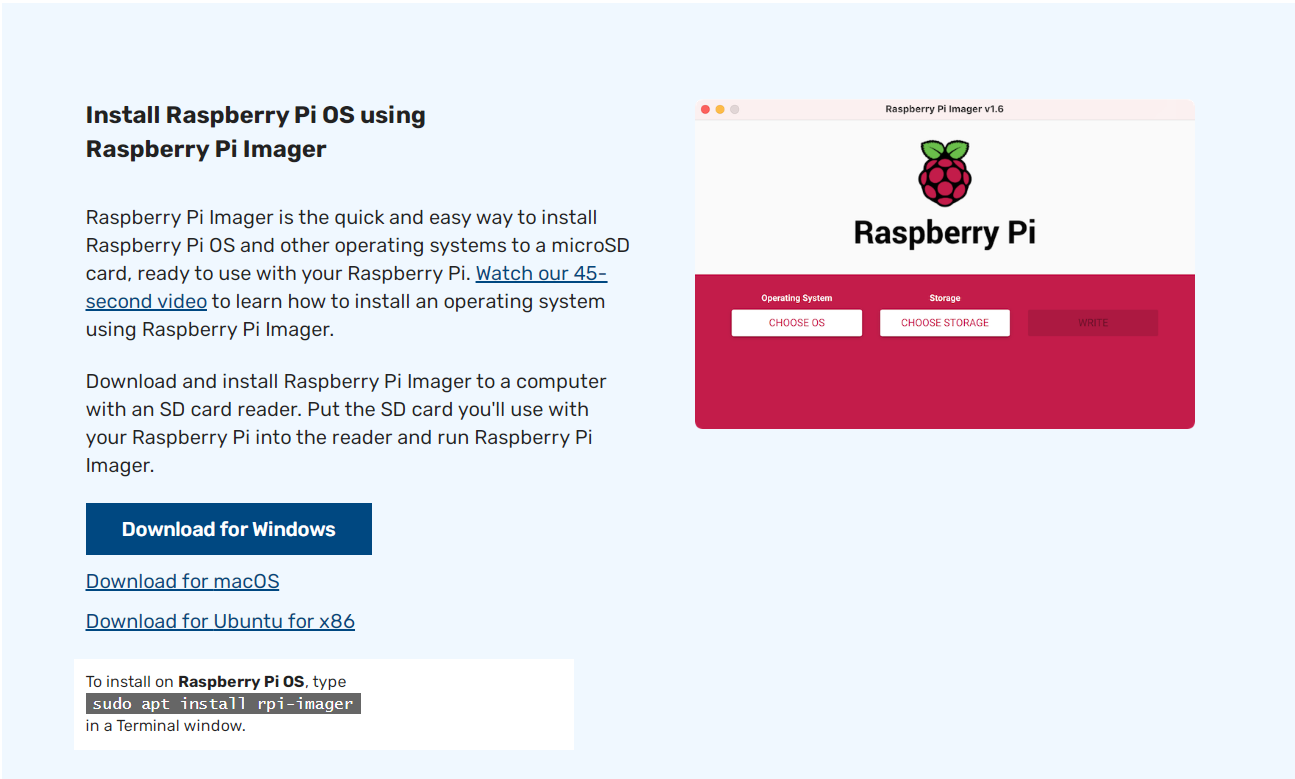 Download page of Raspberry Pi Imager with a download button per operating system