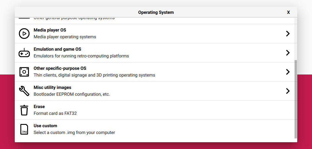 Operating System list in Raspberry Pi Imager, with Use custom at the bottom: select a custom .img from your computer