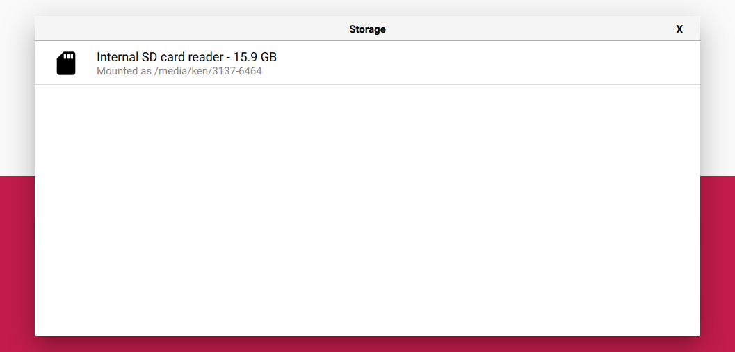 Storage list in Raspberry Pi Imager with the SD card