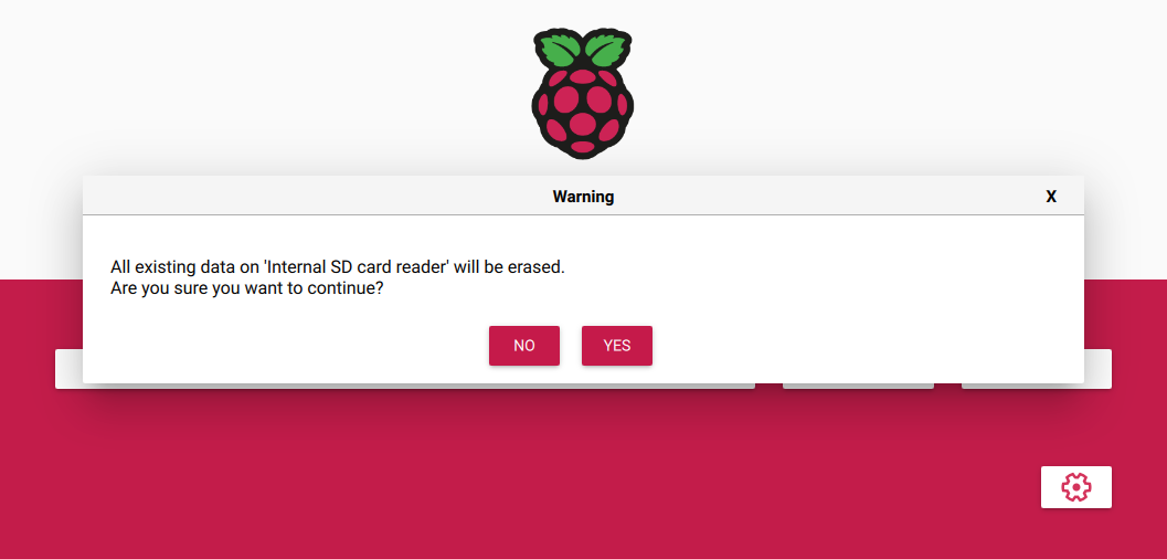 Warning in Raspberry Pi Imager that all existing data on the card will be erased, with the YES and NO buttons