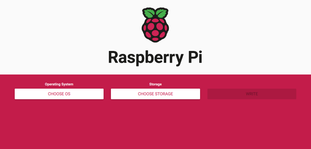 Raspberry Pi Imager with the CHOOSE OS, CHOOSE STORAGE and WRITE buttons