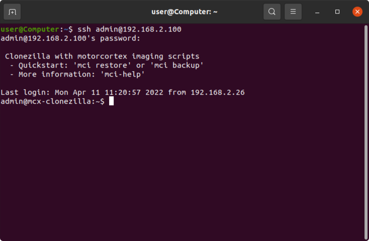 Terminal after ssh admin@192.168.2.100: Clonezilla with motorcortex imaging scripts, quickstart mci restore or mci backup, more information mci-help