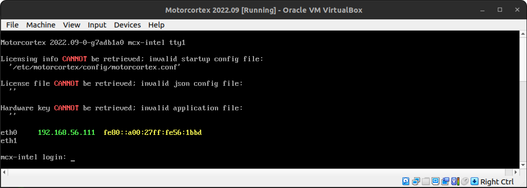 Console of the Motorcortex virtual machine with the address 192.168.56.111 next to eth0 and the mcx-intel login prompt