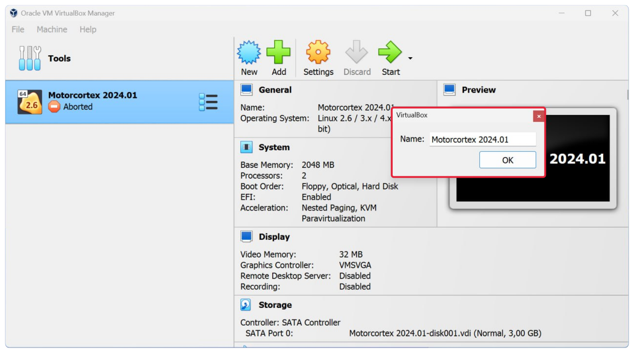 VirtualBox with the Motorcortex 2024.01 virtual machine aborted, and the dialog that changes its name