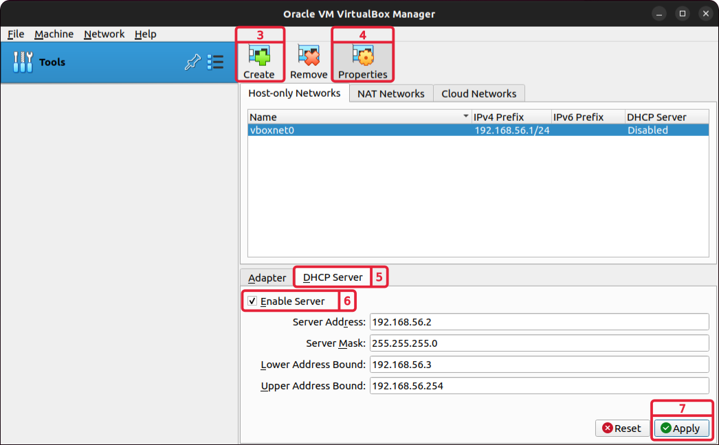 VirtualBox Network Manager with the new host-only network vboxnet0 and its DHCP Server tab