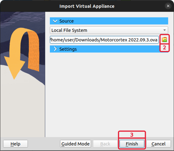 Import Virtual Appliance wizard with the Motorcortex .ova file and the Finish button