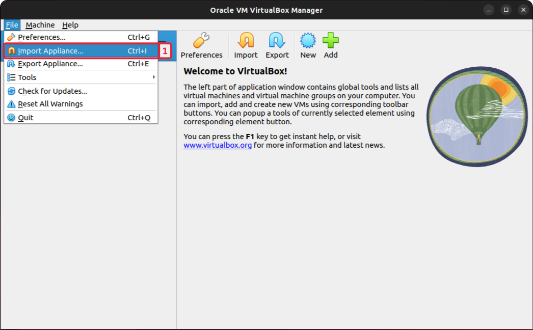VirtualBox File menu with Import Appliance