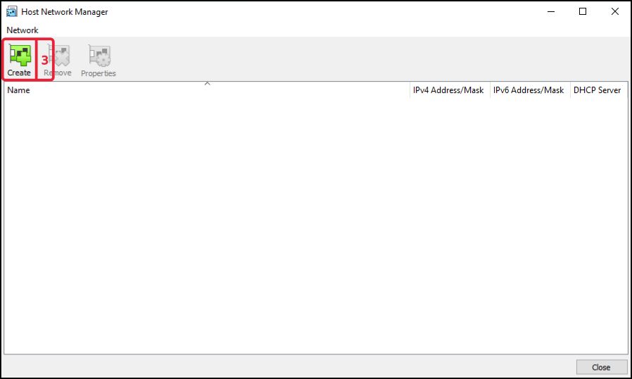 Host Network Manager with the Create button and the new host-only adapter