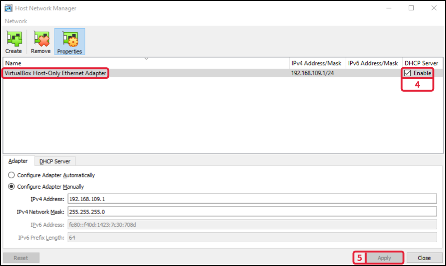 Host Network Manager with DHCP Server enabled for the host-only adapter