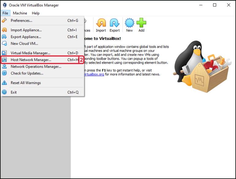 VirtualBox File menu with Host Network Manager