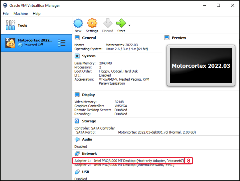 VirtualBox with the imported Motorcortex virtual machine selected