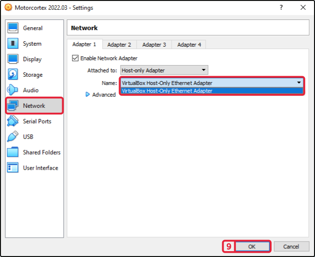 Network settings of the Motorcortex virtual machine: Adapter 1 attached to Host-only Adapter, name VirtualBox Host-Only Ethernet Adapter
