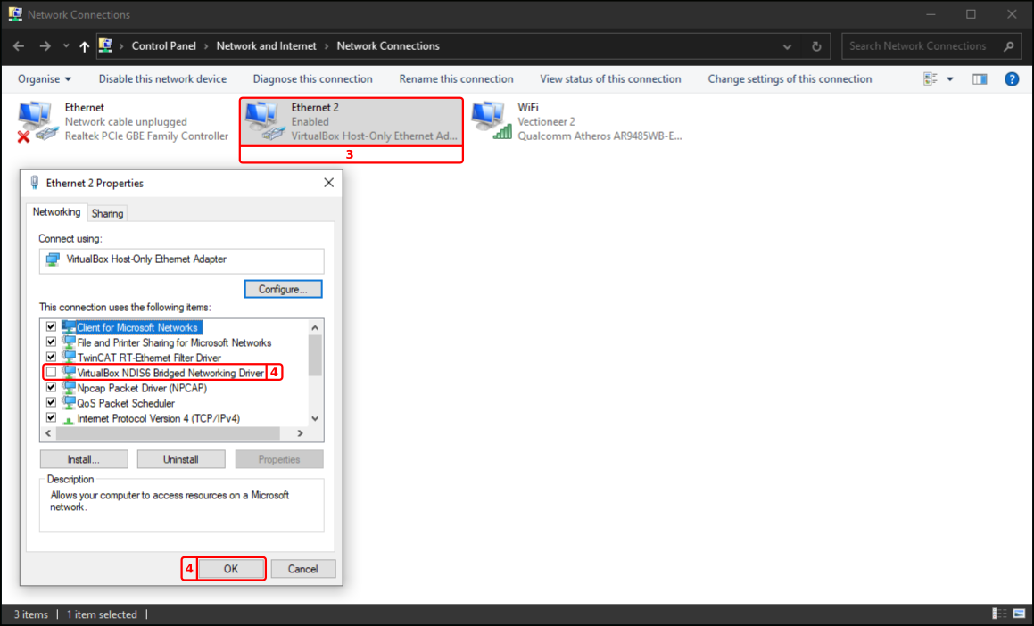 Properties of the VirtualBox Host-Only Ethernet Adapter connection, with VirtualBox NDIS6 Bridged Networking Driver unticked