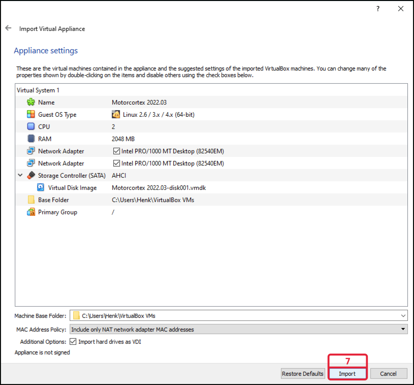 Appliance settings page of the Import Virtual Appliance wizard