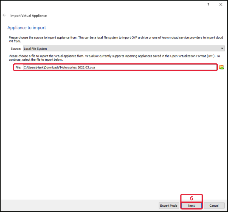 Import Virtual Appliance wizard with the Motorcortex .ova file selected