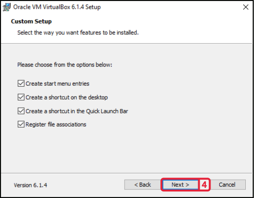 Second Custom Setup page of the VirtualBox setup wizard with the shortcut options