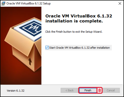 Last page of the VirtualBox setup wizard with the Finish button