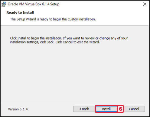 Ready to Install page of the VirtualBox setup wizard