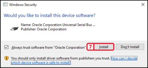 Windows Security: would you like to install this device software, published by Oracle Corporation, with the Install button
