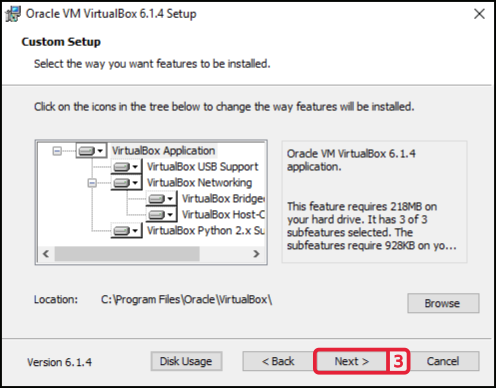 Custom Setup page of the VirtualBox setup wizard with the features to install and the install location