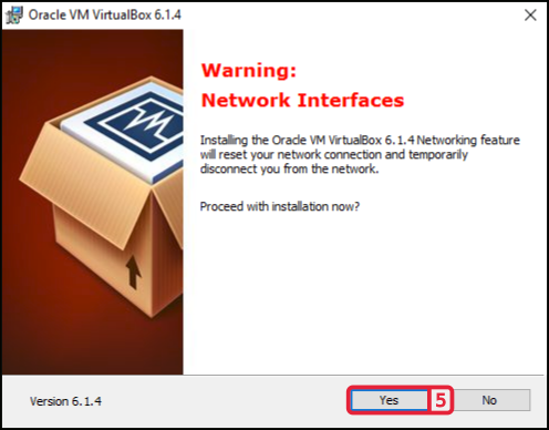 Warning of the VirtualBox setup wizard about resetting the network connection