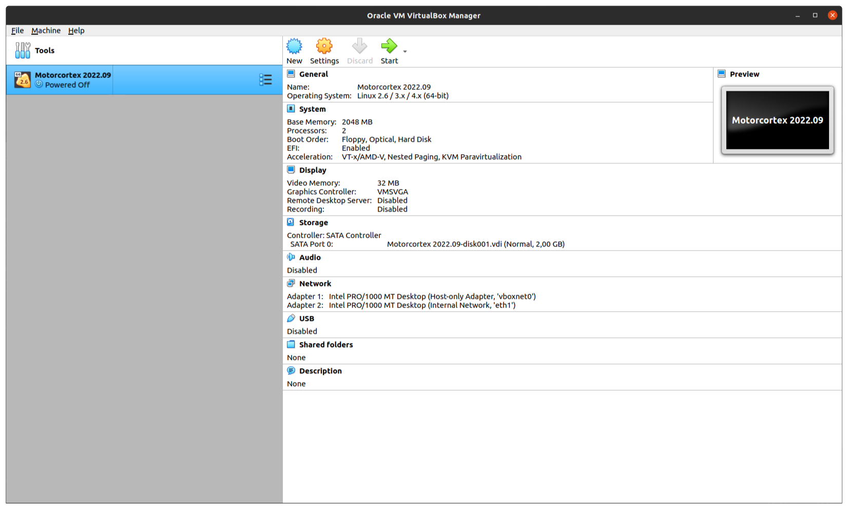 VirtualBox with the Motorcortex 2022.09 virtual machine and the Start button