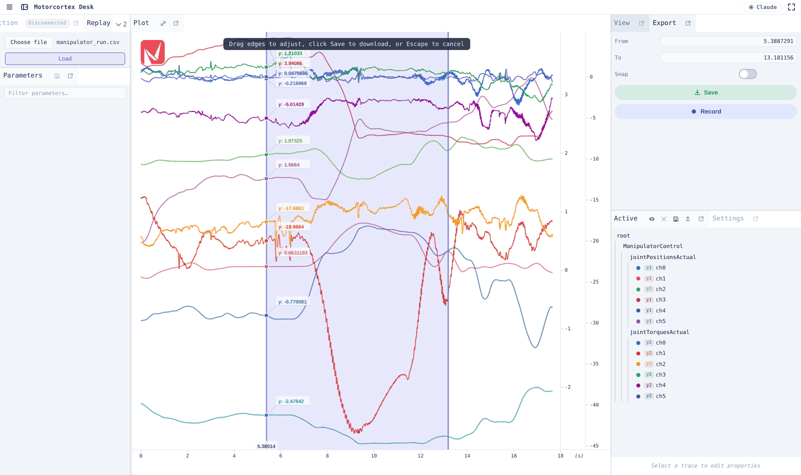 Selecting an export range on the plot