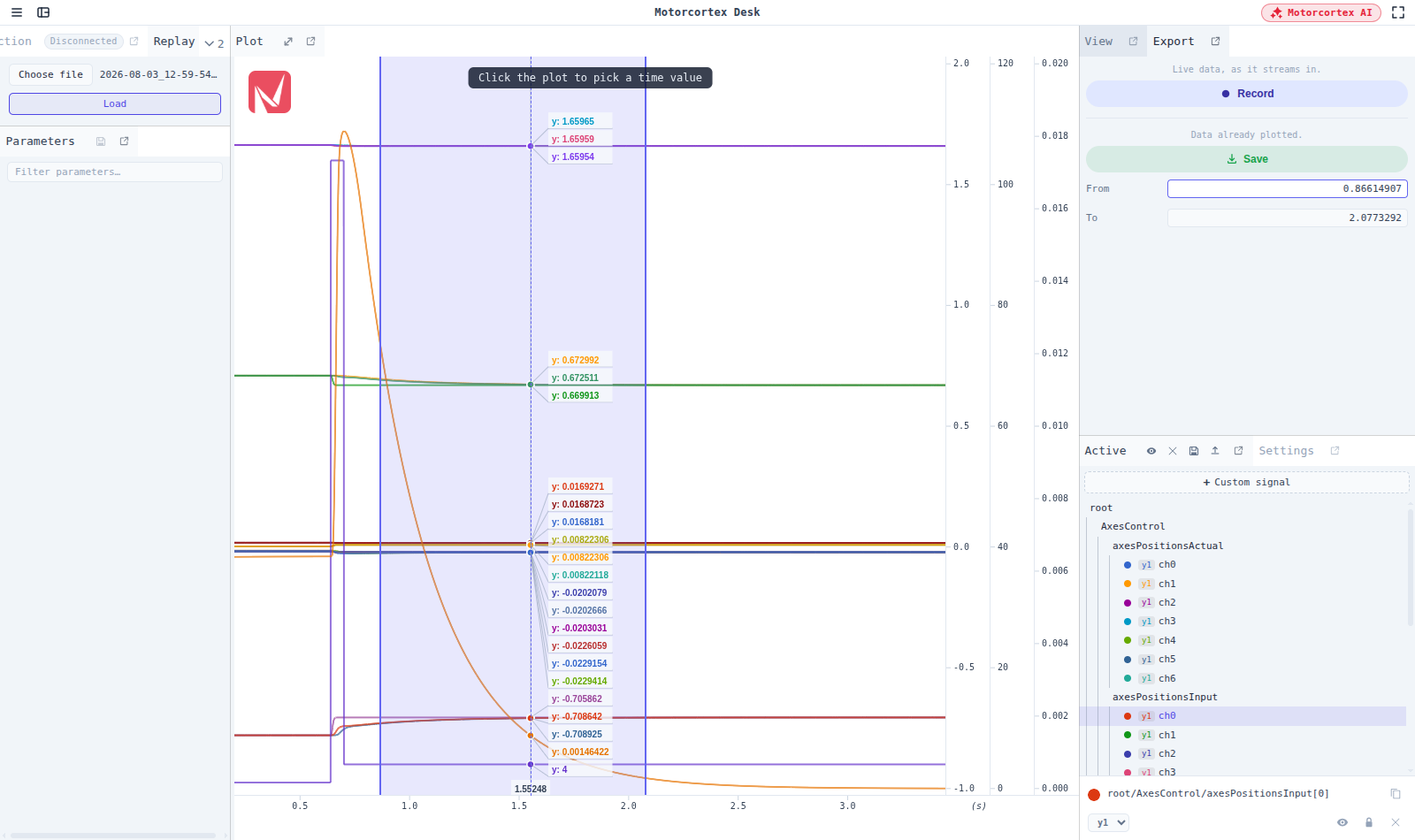 Plot acting as a time picker, with a dashed guide under the pointer
