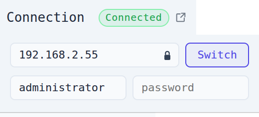 Connection panel with a different address typed and the button reading Switch