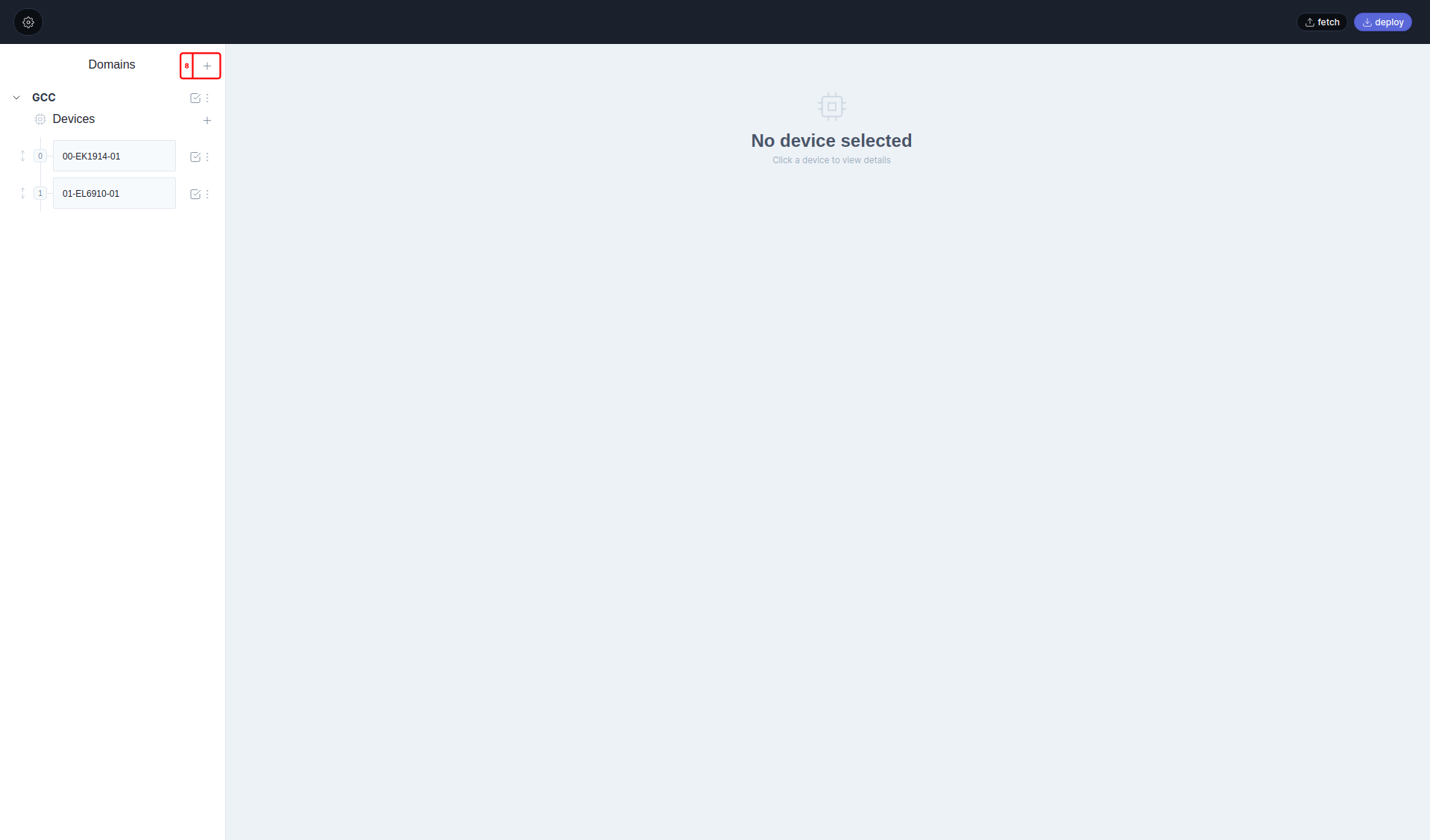 ECAT tool after Fetch: the Domains list with domain GCC and its devices EK1914-01 and EL6910-01, and the plus button next to Domains
