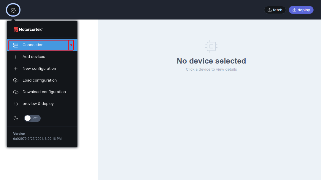 ECAT tool main menu, opened from the gear button at the top left, with Connection at the top of the list