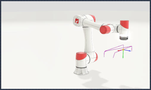 A 3D widget showing a white robot arm with red joint covers, with a magenta path and an x, y, z axis frame drawn next to its tool.