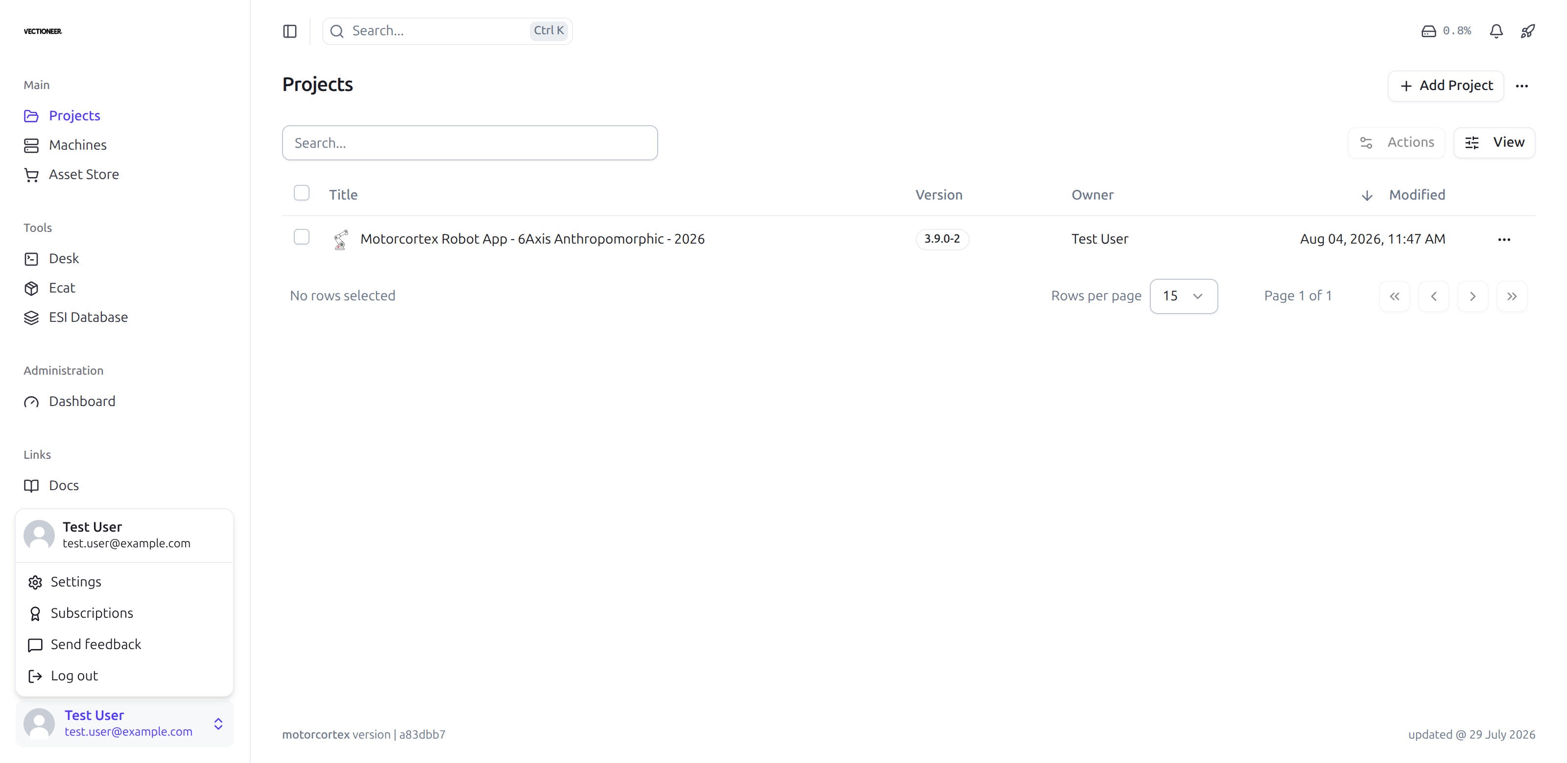 The account menu open at the foot of the sidebar, showing Settings, Subscriptions, Send feedback and Log out