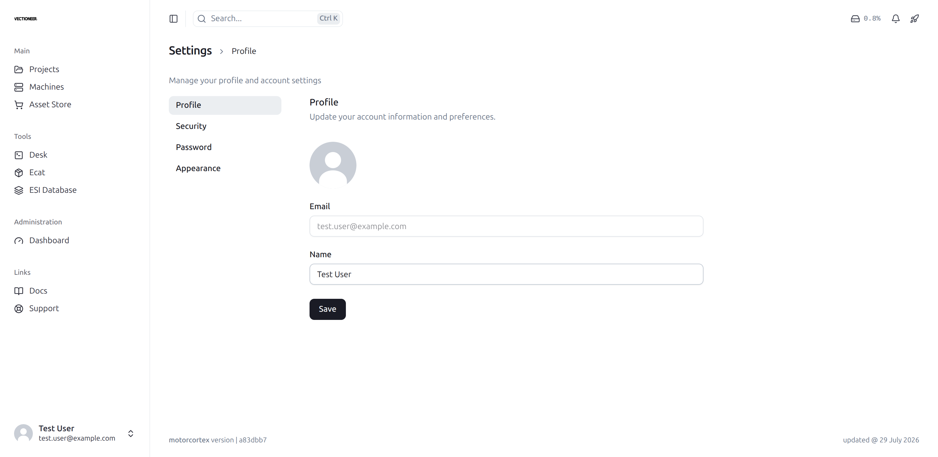 The Settings page open on Profile, with the Security, Password and Appearance sections beside it