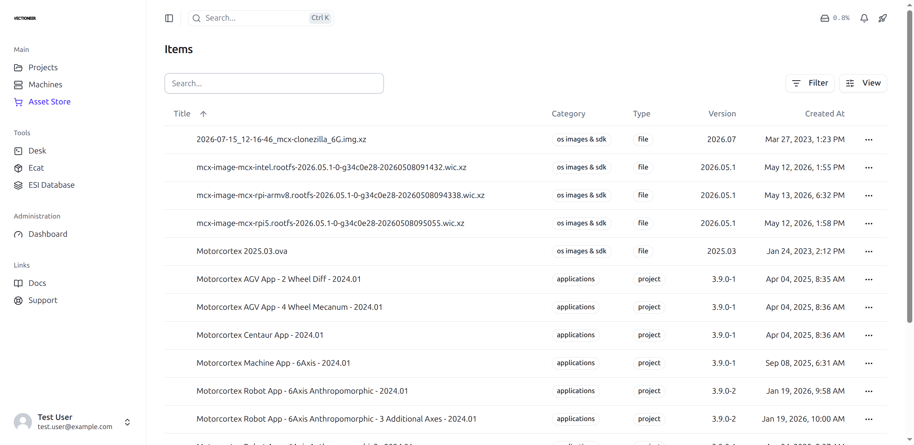 The Asset Store item list, showing OS images and application projects with their categories and versions