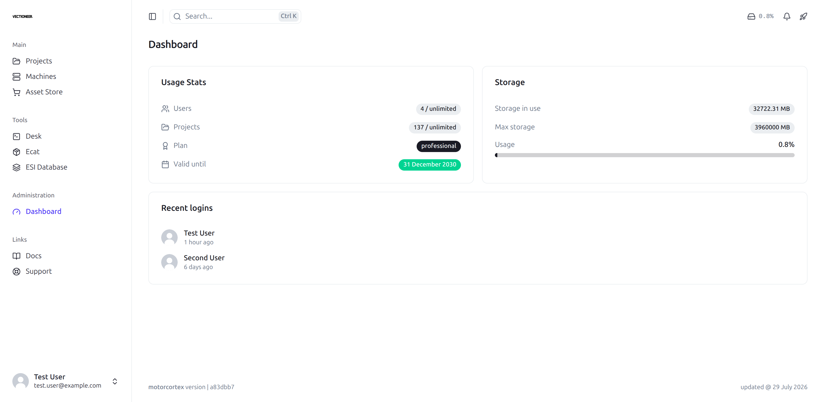 The Dashboard showing Usage Stats, Storage and Recent logins panels