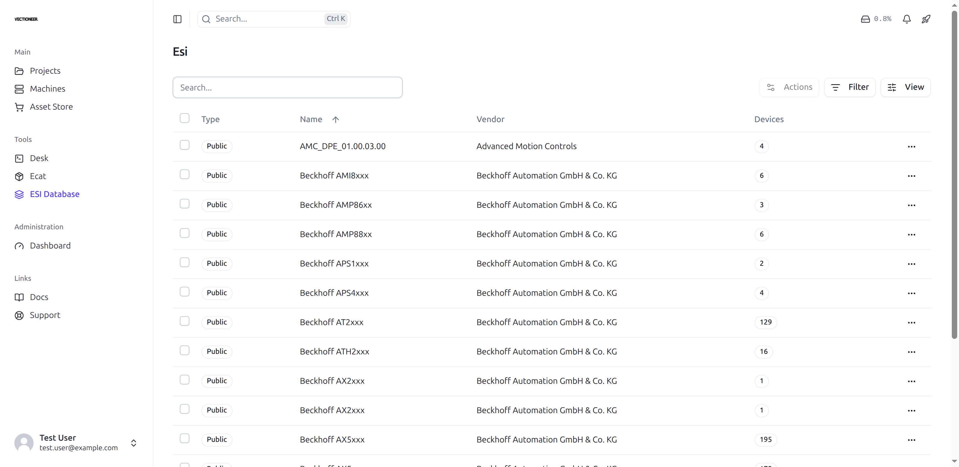 The ESI Database listing vendors, file names and device counts