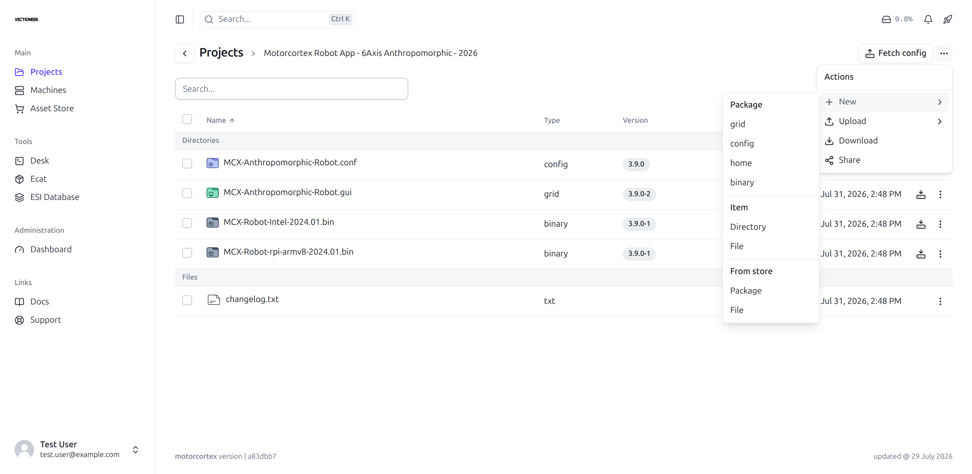 The Actions menu expanded, showing New with Package, Item and From store submenus