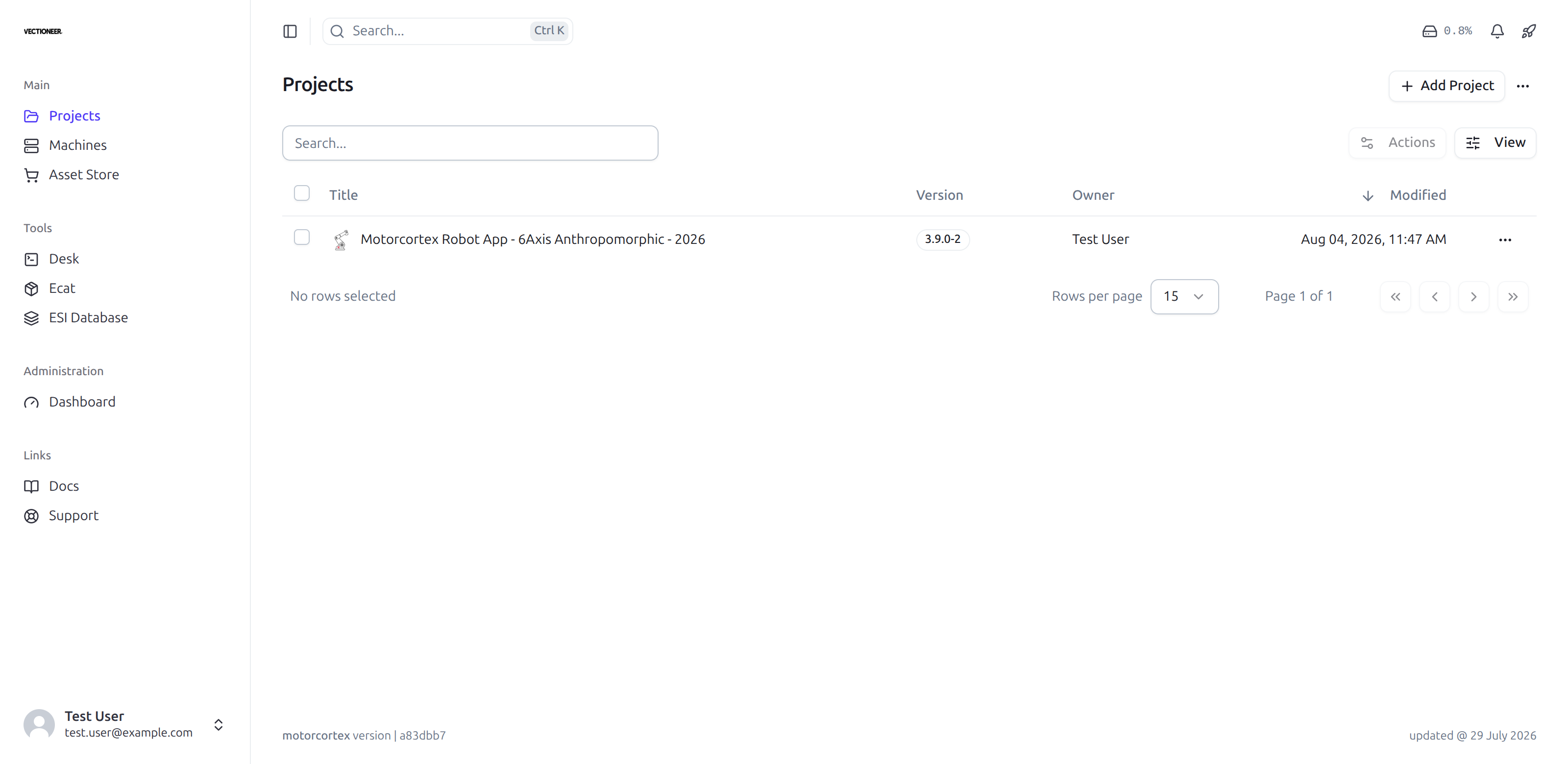The portal Projects page, with the sidebar grouped into Main, Tools, Administration and Links