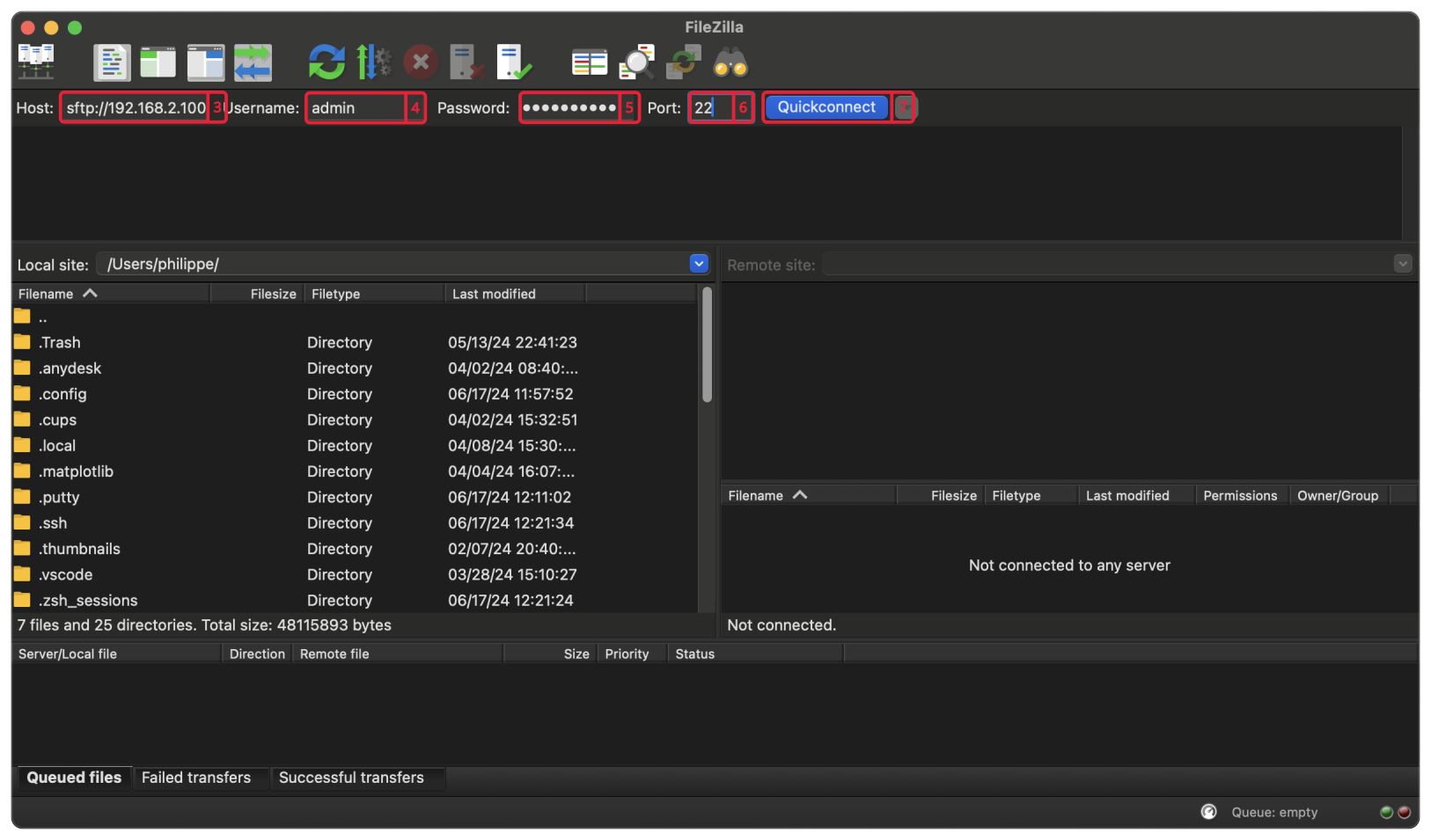FileZilla on macOS with Host, Username admin, Password, Port 22 and the Quickconnect button