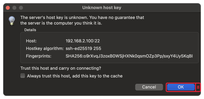 FileZilla Unknown host key dialog with the OK button
