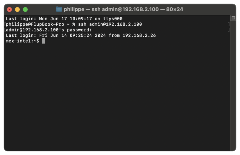macOS Terminal logged in to the controller over ssh