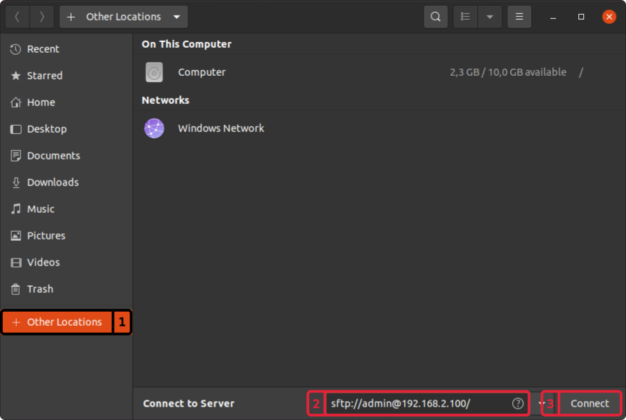 Ubuntu Files, Other Locations: sftp://admin@192.168.2.100/ under Connect to Server and the Connect button